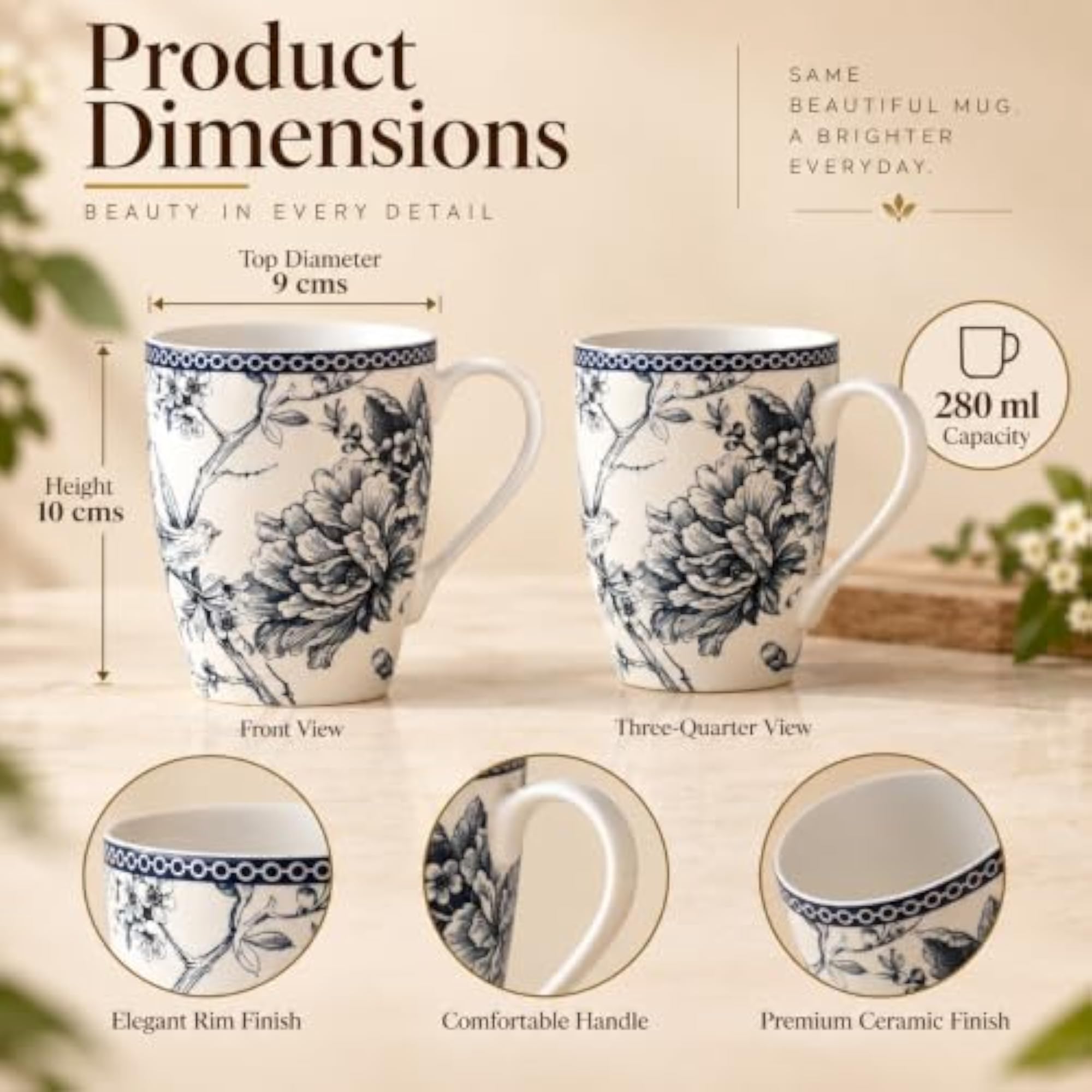 Porcelain Coffee Mugs Set of 4, 280 ml