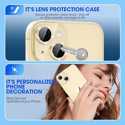 Image of Glass Camera Lens Protector Compatible For Iphone 15 /15 Plus Bling,Individual Metal Diamond Ring 9H Hardness Scratchproof Protector,Stylish Accessories,Case Friendly(Yellow Diamond)