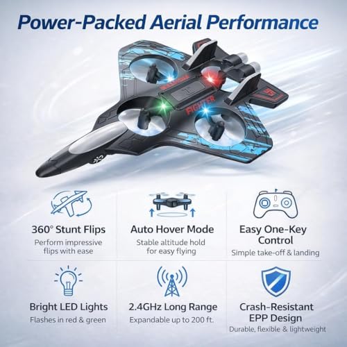 Image of Fighter Jet RC Plane, 2.4GHz Foam Remote Control Airplane - Easy-Fly Gyro Stabilized RC Jet for Kids & Adults, LED Lights, Stunts, Long Range, Ready-to-Fly