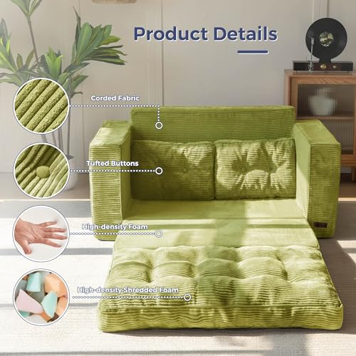 MAXYOYO Convertible Sofa Bed, Pull Out Loveseat Sleeper Sofa, 2 in 1 Folding Couch Bed, Fold Out Floor Couch with Pillows for Living Room Bedroom Lounge, Green