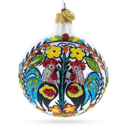 Ukrainian Petrykivka Painting Glass Ball Christmas Ornament 4 Inches