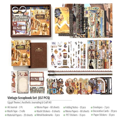 Image of The AutoStory Travel Scrapbooking Kit A6 Junk Journal Ancient Pyramid Aesthetic Stickers History Decorative Papers Washi Tape DIY Craft Art Diary Explorer Decor Teens Supply (Egypt, Brown)