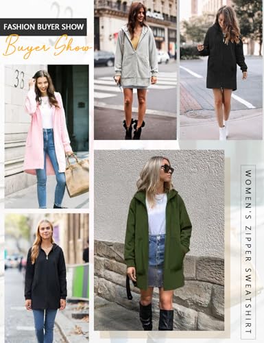 Vancavoo Fleecejacke Damen Lang Winterjacke Sweatjacke Kapuzenjacke Zip Kapuzenpullover Lose Jacken Einfarbig Sweatshirt Langen Mantel Cardigan Outwear Mit Taschen,Rosa,M