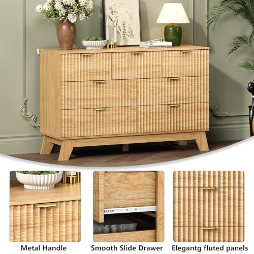 Image of Wodeer 7 Drawer Fluted Dresser for Bedroom, Mid Century Modern Wooden Dresser with 7 Drawers, Dressers & Chests of Drawers with Metal Handle, TV Stand & Storage Organizer for Entryway, Hallway, Oak