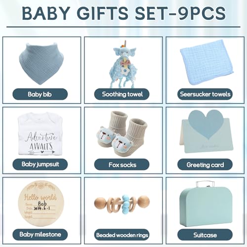Image of Baby Gift Set Baby Shower Gifts Basket for Newborns New Born Baby Boy Gift Set Blue Baby Gift Basket with Baby Rattle Muslin Towel Security Blanket Gender Reveal Gifts for Baby Girls Boys