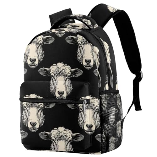 Sac à dos d'école motif tête de mouton multicolore pour filles et garçons avec porte-bouteille