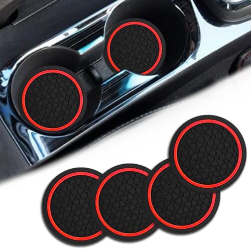 4PCS Car Cup Holder Coasters, Dustproof Automotive Interior Accessories Mat,2.75 Inch Non-Slip Insert Water Bottle Holder Pads, Universal for Vehicles, Trucks, RVs and More (Black/Red)