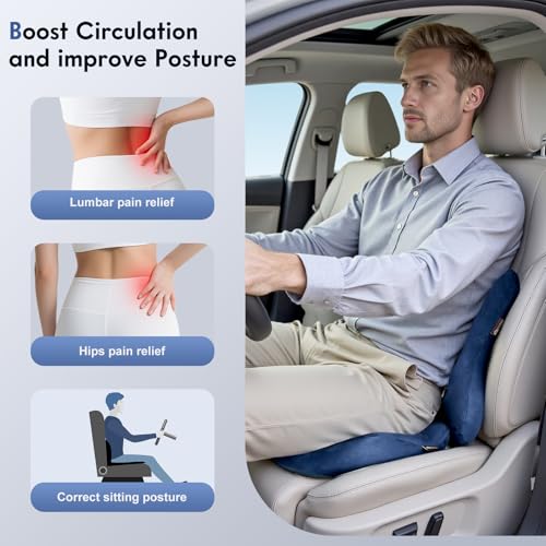 Image of Coverado Memory Foam Car Seat Cushion and Lumbar Support Pillow for Car, Ergonomic Office Chair Cushion for Lower Back Pain Relief, Breathable & Non-Slip for Car, Home, and Office Use, Blue