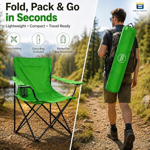 Image of BTAG Foldable Camping Chair with Armrest & Cup Holder, Portable Outdoor Chair with Carry Bag for Camping, Picnic, Fishing & Travel - Green