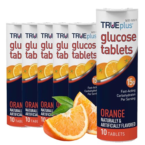 TRUEplus Glucose Tablets Chewable Orange Flavor 15g Fast-Acting Carbohydrates Fat Free Gluten Free Boost Energy 10 Count 6 Tubes