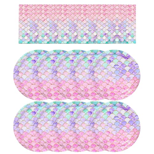 MaitianGuyou Iridescent Mermaid Scales Disposable Plates and Napkins Set - 80 Pack | 40 PCS 7 Inch Dessert Paper Plates & 40 PCS Napkins for Under the Sea Party, Bridal Shower, Wedding, Bachelorette