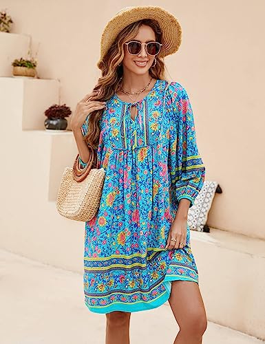 Image of Bluetime Women Casual Summer Dress Boho V Neck 3 /4 Sleeve Babydoll Floral Print Flowy Beach Dress