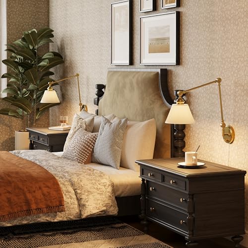 Image of Gold Plug in Wall Sconce, Swing Arm Wall Light with 6.6FT Plug in Cord, Two Adjustable Arms, Fabric Shade, E26 Base, Hardwired Wall Lamp for Bedroom, Reading, Living Room, Hallway (1 Pack)