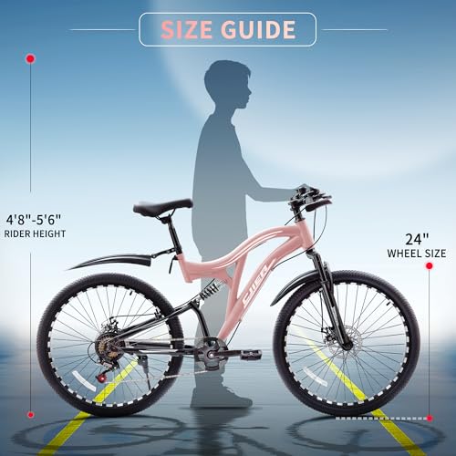 DEYGIA 24 inch Mountain Bike for Boys and Girls, Kids Mountain Bike with Dual Full Suspension, 7-Speed Drivetrain, Dual Disc Brake, High-Carbon Steel Frame, Kids' Bicycle for Outdoor Adventure, Pink