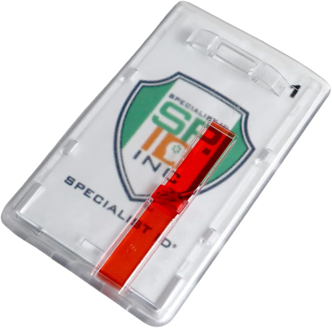 Bulk 50 Pack - Frosted Vertical Rigid Badge Holder I.D. Card Dispenser with Easy Access Red Extractor Slide - Clear Hard Plastic with Thumb Tab by Specialist ID