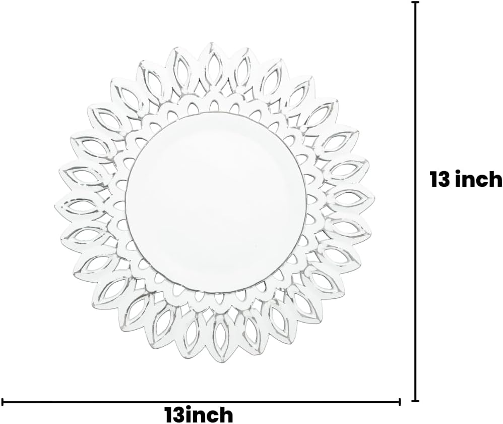 White Wood Charger for Dinner Plates Set of 2 - Decorative Sunflower Design 13 Inch Round Wooden Placemat for Dining Table Décor, Family Gathering, Wedding, New Year, Party, Events & Everyday Use