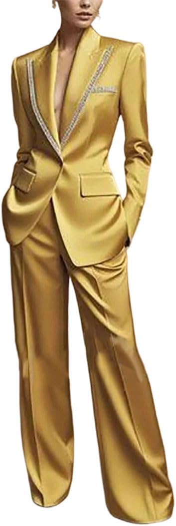 Women Peak Lapel Single Button Sequined Blazer Pants Sparkly Banquet Party Event Attire