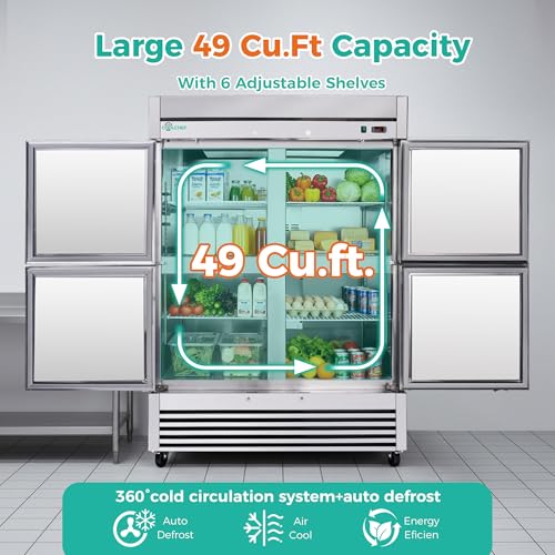 Image of COOLCHEF 54 inch Commercial Refrigerator 49 Cu.Ft, Stainless Steel 4-Door Reach-in Fridge, 33-40℉, Air Cooling, LED Light, 6 Shelves, R290, ETL