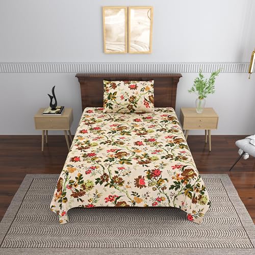 Image of Mafatlal Saanjh144 TC Cotton Bedsheet for Single Bed 90x60 Inch | Soft Airflow Fabric | Printed Bedroom Linen | Durable Smooth Finish | Hand Crafted | Pillowcase Included | Bright Beige