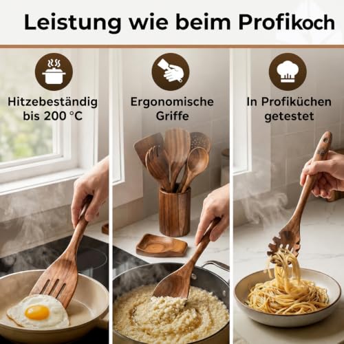 Holz Kochbesteck-Set mit Halter, Pfannenwender Kochlöffel Schöpfkelle Nudelheber Servierlöffel Sieb – mit Haken, Halter und Ablage… – Ansicht 5
