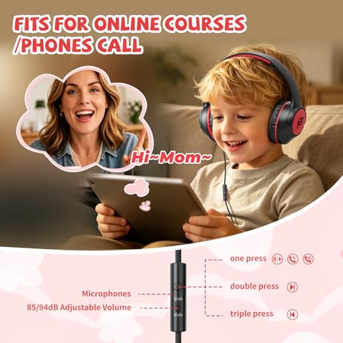 Image of USB C Headphones Wired for Kids, 85 /94dB Volume Limit With Mic, Black Red | Kid Headphones for School, Wired Over Ear USBC Plug in Corded Headphones for Boys Girl Toddler, iPad, Tablet, Airplane Travel