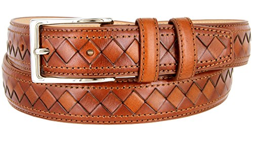 Nickel Plated Buckle Diamond Pattern Genuine Leather Dress Belt 1 1/8