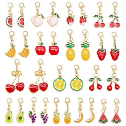 JJGQAZ 32 Pieces Fruit Charms for Jewelry Making Mixed Lemon Strawberry Cherry Enamel Dangle Pendants with Lobster Clasp for Crocheting Crafts Arts Backpack Decor