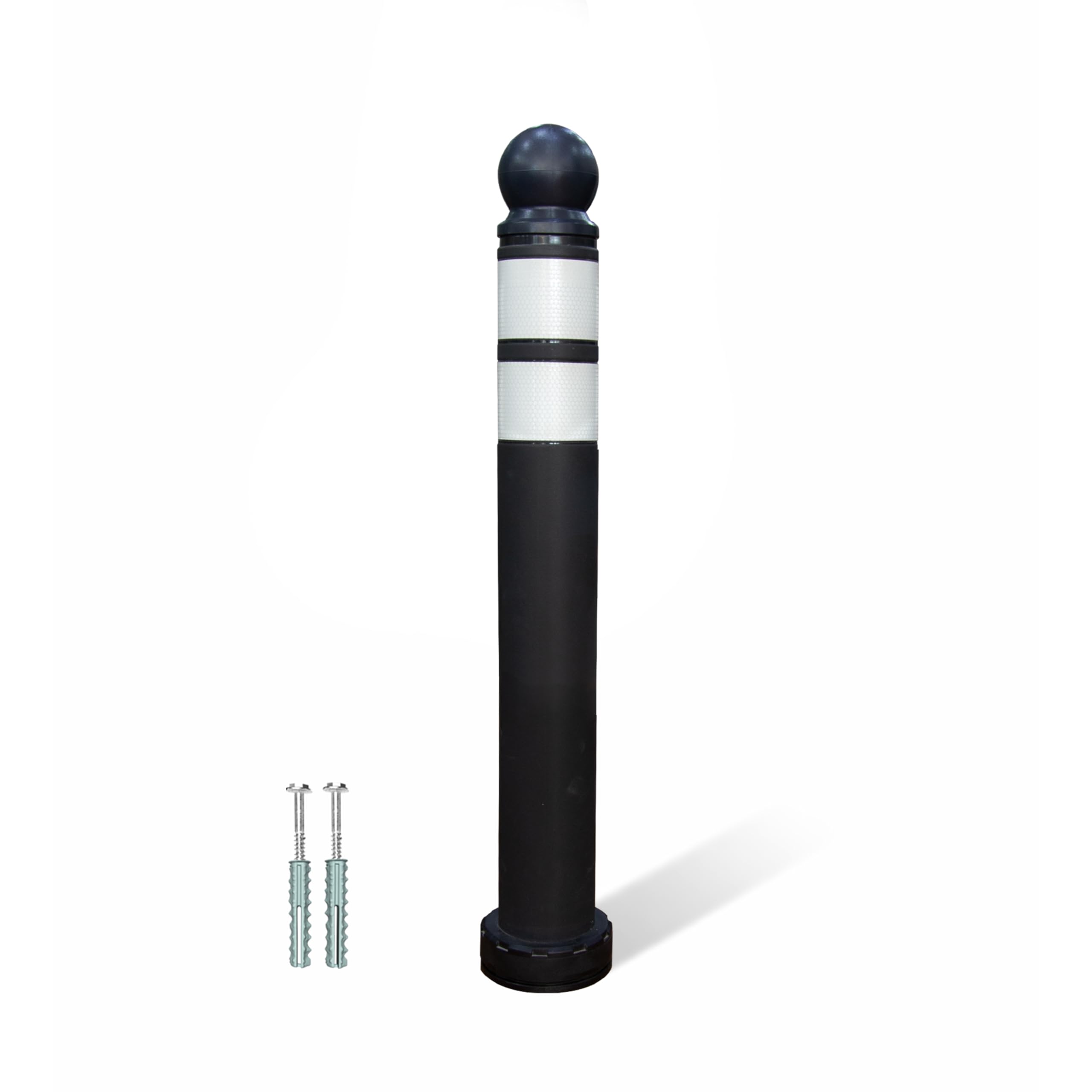 Délimiteur de circulation anti-stationnement de 68 cm | Barrière de sécurité réfléchissante noire avec tête sphérique | Poteau de refuge flexible en TPU avec base démontable, vis et ancrages pour