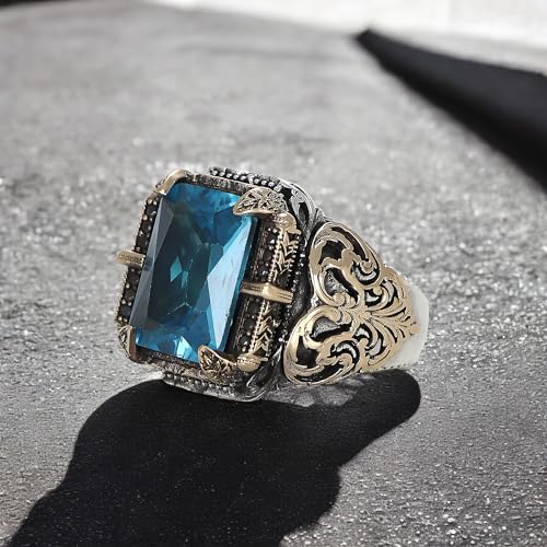 BayVog Men's Sterling Silver Ring with Blue Topaz Gemstone – Ottoman Style Vintage Ring – Rectangular Emerald Cut Stone – Handmade Turkish Jewelry for Men3