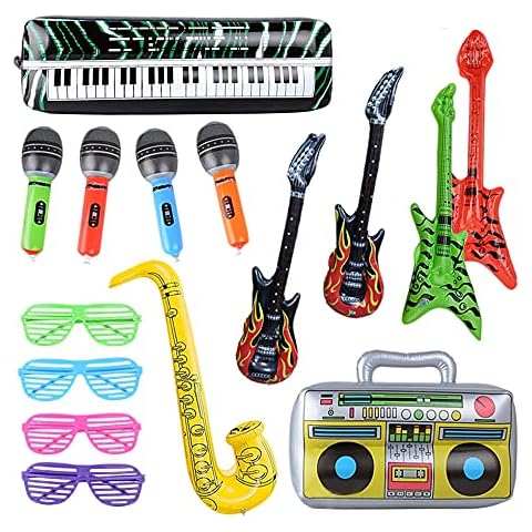 15 Colourful Inflatable Instruments Toy Air Guitar Inflatable Saxophone Microphone Beth Speaker Keyboard Shutter Shading Glasses for Party Props Decoration Photo Box Props Cover