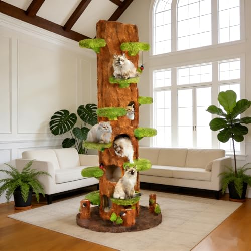 KAMABOKO 91 Tall Cat Tree for Indoor Cats - Large Cat Tower with 6 Luxury Cat Condo Soft Cushion Scratching Board Plush Platform & Top Perch Magic Forest Series Green