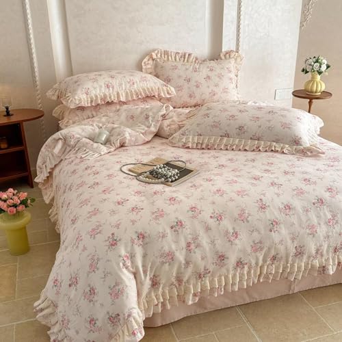 BuLuTu Pink Floral Duvet Cover Full with Lace Ruffles, Romantic Princess Bedding Set for Girls Kids Teens, 100% Cotton Muslin Quilt Cover Cottage Comforter Cover with Zipper & 4 Ties
