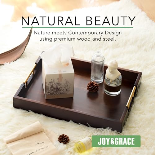 Joy&Grace ST-M02-ACA-C02 Acacia Wooden Tray With Metal Handles Large Wood Serving Tray Decorative Ottoman Coffee Table Tray thumb #1