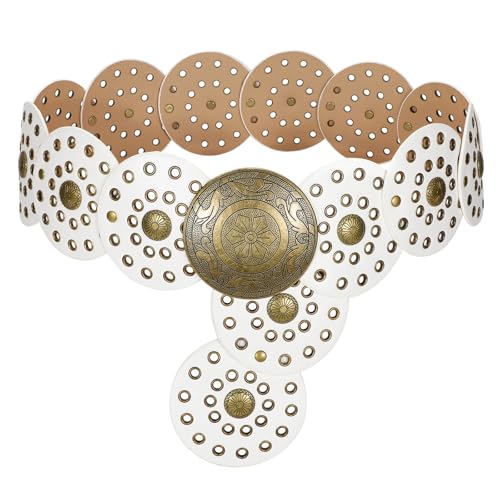 Image of WERFORU Women Wide Western Disc Belt Cowgirl Boho Leather Belt for Jeans Dress