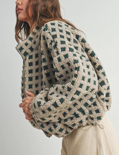 Lianlive Women Winter Sherpa Fleece Jacket Long Sleeve Zip Up Checkered Fuzzy Cropped Coats Warm Outwear with Pockets3