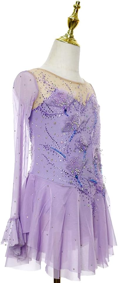 Girls' Lavender Figure Skating Dress with Floral Appliques, Long Sleeve Sheer Mesh Competition Costume