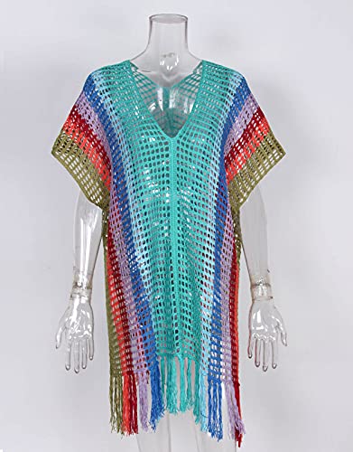 Shermie Women'S Rainbow Swimsuit Cover Up V Neck Hollow Out Side Open Tassels Crochet Beach Cover Up thumb #5
