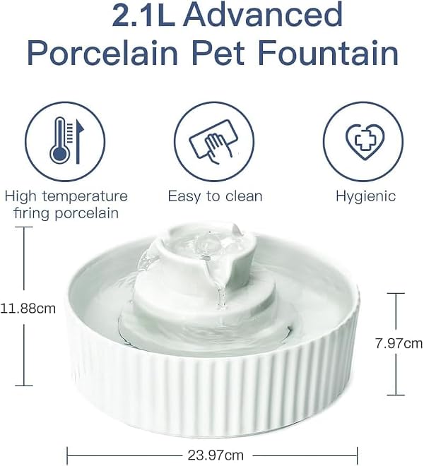 VinDox 2.1L Ceramic Cat Water Fountain-for Cats and Dogs, 360 Ceramic Pet Fountain-70 Oz Large Water Capacity - Whisper-Quiet Water Flow-Great for Shy or Timid Pets - Fresh, Filtered Water(White) by VinDox - Used condition - Image 3