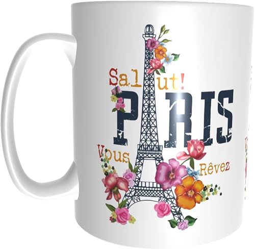Pandok White Ceramic Mug - Geography - City : Paris Logo With Eiffel Tower Forming The 'A' Surrounded By Colourful Flowers - Single Mug