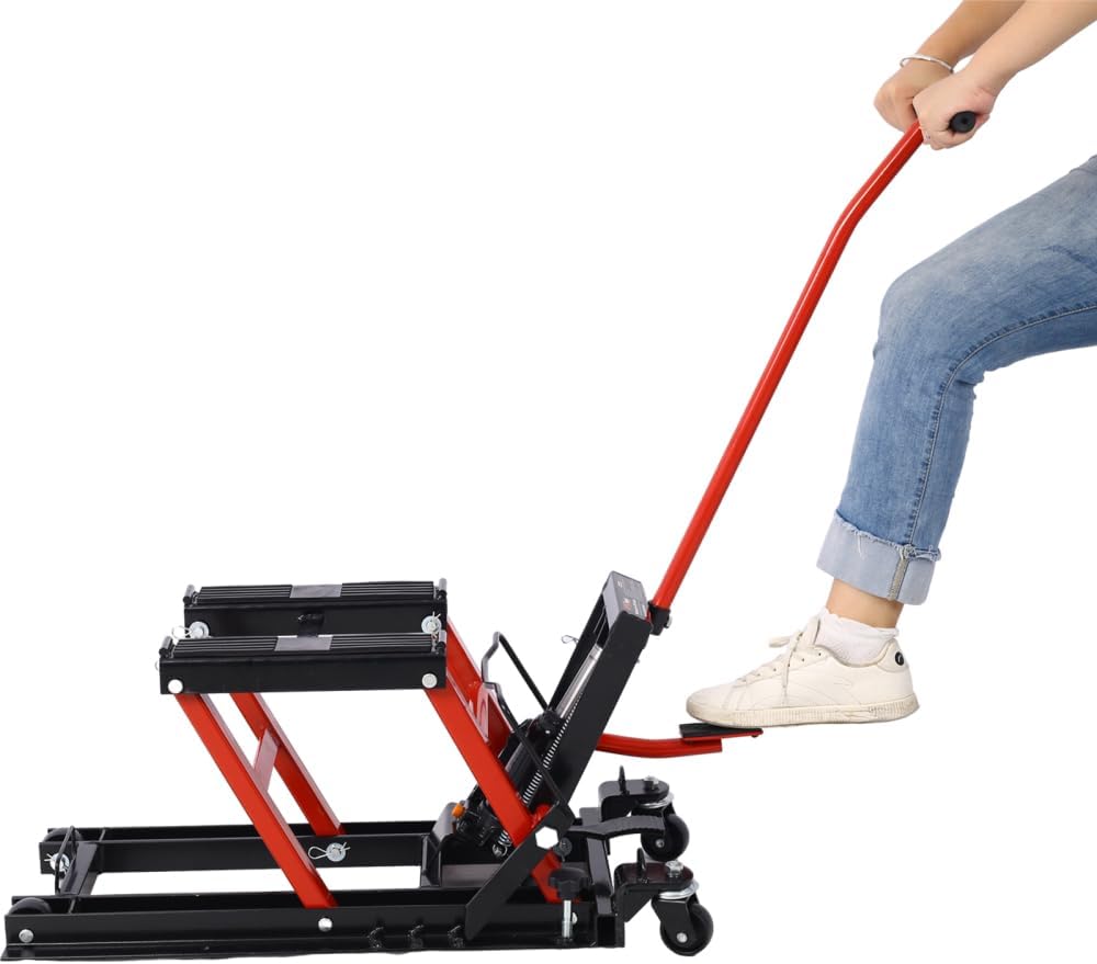 Hydraulic Motorcycle Lift Jack, Portable ATV Scissor Lift Jack with Foot Pedal, 1500 LBS Capacity, Solid Steel Frame, Non-Slip Platform, Garage Tool for Motorbike Maintenance (Red)