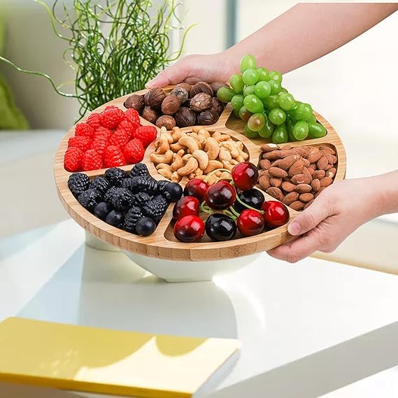 MTA HİGH-TECH 7 Bölmeli Servis Tabağı, 12" Bambu Parti Meze Tepsisi, Atıştırmalıklar, Meyveler, Sebzeler için 7 Bölmeli Yemek Tabağı, Partiler, Tatiller, Aile Yemekleri için Mükemmel
