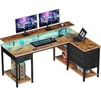 Seventable Bureau Gaming d’Angle en L 120 cm, LED RGB, Prises USB et USB-C, 4 Tiroirs Modulables, Étagères Ouvertes, Bureau Multifonction Réversible – Chêne Vintage