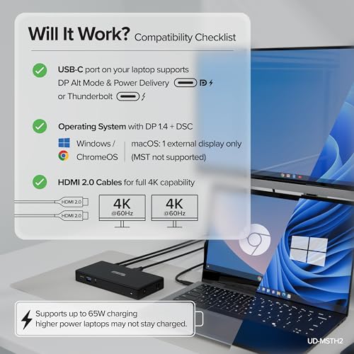 Image of Plugable USB C Docking Station Dual Monitor 2 HDMI Ports, Power Delivery Dock, Dual 4K Monitor for Windows, ChromeOS, 1x USB-C, 3X USB, Ethernet, and Audio - Driverless (UD-MSTH2)