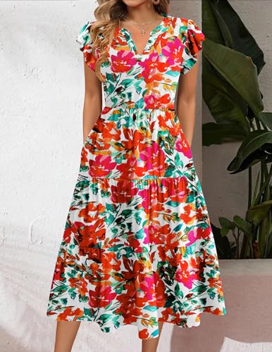 Image of ZEAGOO Womens Summer Casual Dresses Ruffle Sleeve V Neck Midi Dress Flowy Tiered Dress with Pockets Boho Sundresses