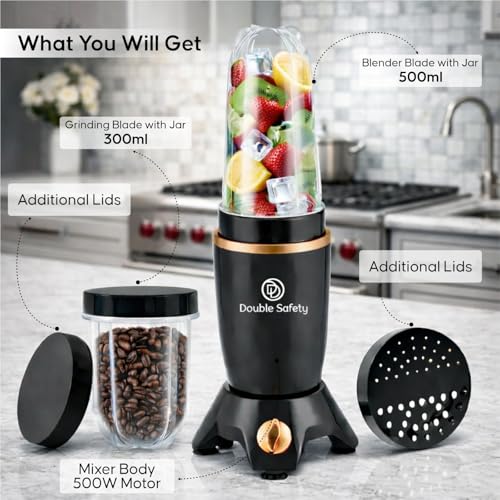 Image of 500W Nutri Blender | 2 Bullet Poly Jars For Smoothie, Juicing, Mixing Blending Juicer Mixer Grinder| Stainless Steel Blade | Fresh Smoothies, Shakes| 2 Year Warranty (Black)