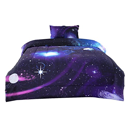 uxcell Twin 2-Piece Galaxies Purple Comforter Sets - 3D Space Themed - All-Season