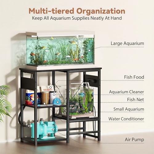 Image of GRLEAF 5-10 Gallon Fish Tank Stand with Power Outlets, 4 Tier Metal Aquarium Stand with Wood Storage Shelves, 20.3 inch L x 10.6 inch W x 30.3 inch H Turtle Reptile Fish Tank Table Aquarium Table - Black