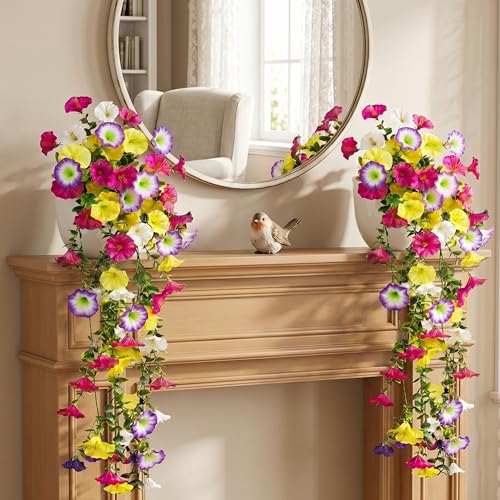 Image of Dekorly 75CM Lifelike Artificial Eucalyptus Vine with Morning Glory Flowers (Pack of 2) | Premium Hanging Floral Creeper for Balcony, Wall & Home Decor(2, Morning Glory Flower Vines)