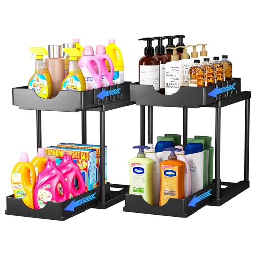Organizador de cocina para armario- 2 unidades extraíbles, 2 niveles, almacenamiento de cocina debajo del fregadero, organizador de armario con ganchos, para baño, cocina, encimera, color