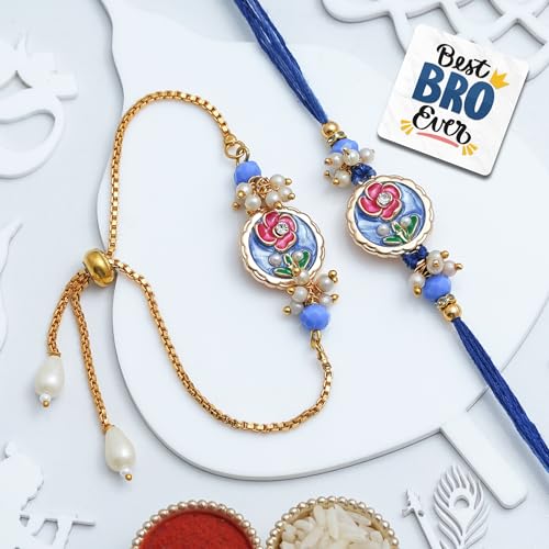 Image of eCraftIndia Beautiful Flower Designer Bhaiya Bhabhi Rakhis with Best Bro Ever Fridge Magnet | Set of 2 Rakhi for Brother and Bhabhi | Lumba Rakhi | Roli Chawal Pack | Roli Chawal Pack